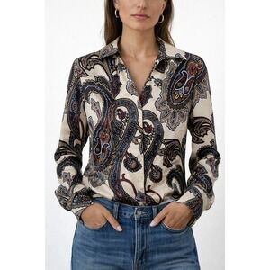 East 5th Paisley Button Front Blouse Size 6 Long Sleeve Silky Polyester Top